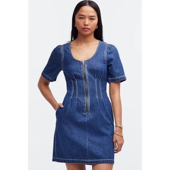 Madewell Pleated Waist Half Zip Denim‎ Dress in Pixie Wash Size 0 (Q6) - Picture 1 of 12